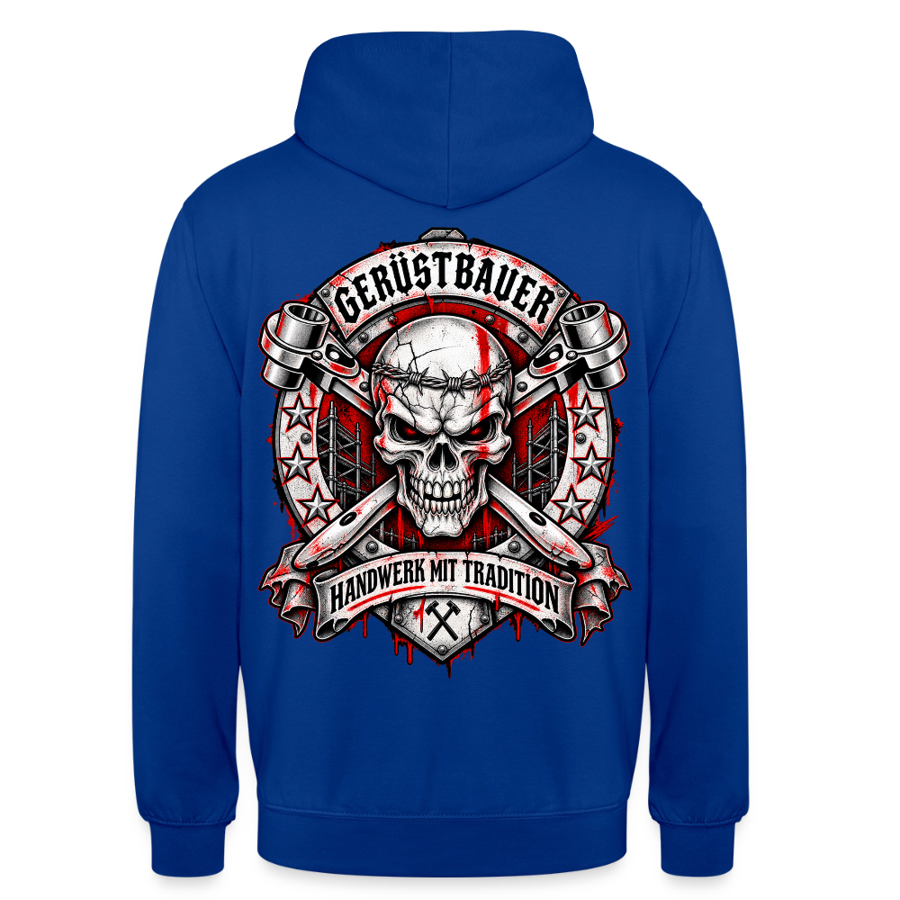 Gerüstbauer Traditions – Gerüstbauer Hoodie in Royalblau, Rückendruck: Totenkopf-Wappen mit gekreuzten Ratschen, Sternen und Banner „Handwerk mit Tradition“