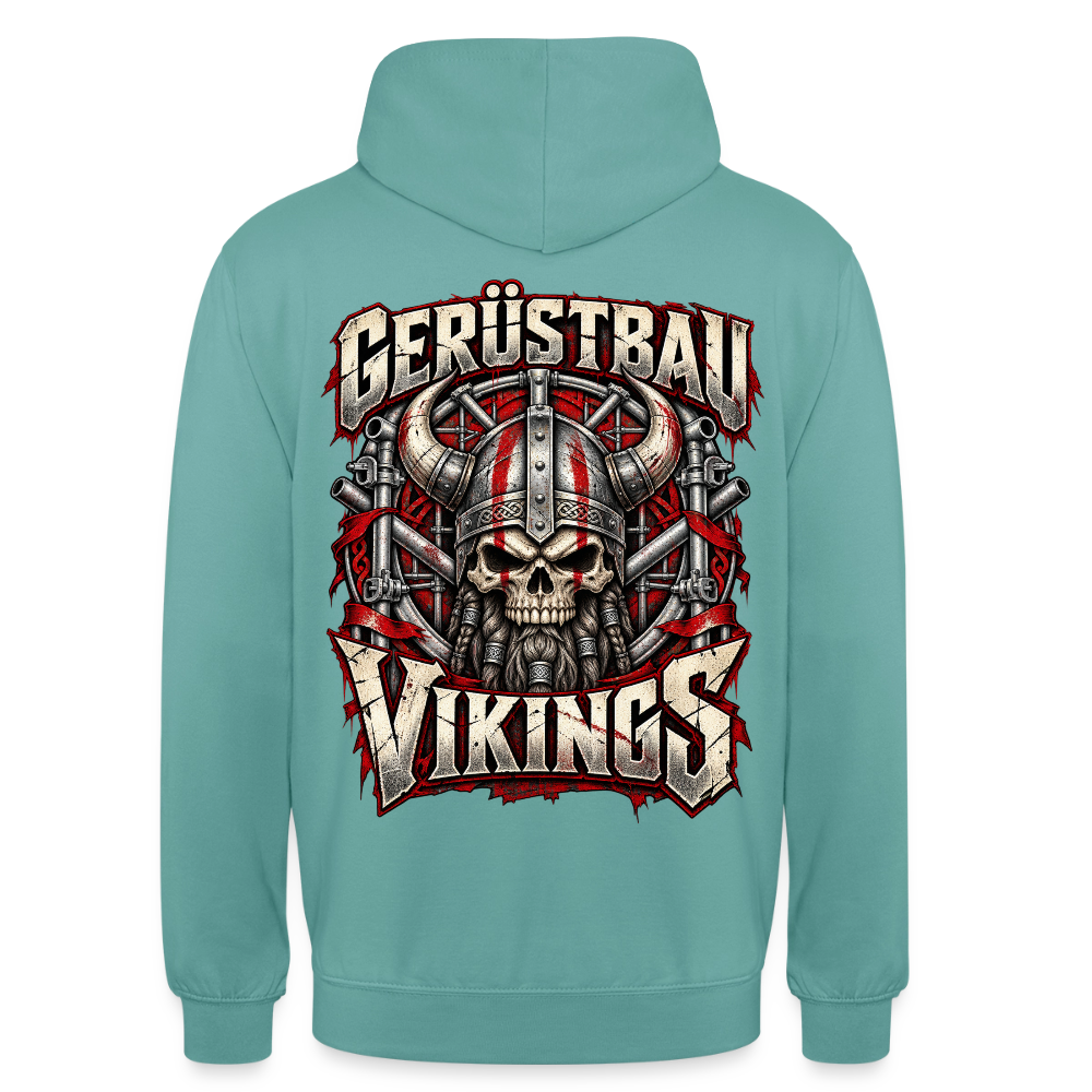 Gerüstbau Vikings – Gerüstbauer Hoodie in Pastelltürkis, Rückendruck: Wikinger-Totenkopf mit Hörnerhelm vor Gerüst, Schriftzug „Gerüstbau Vikings“