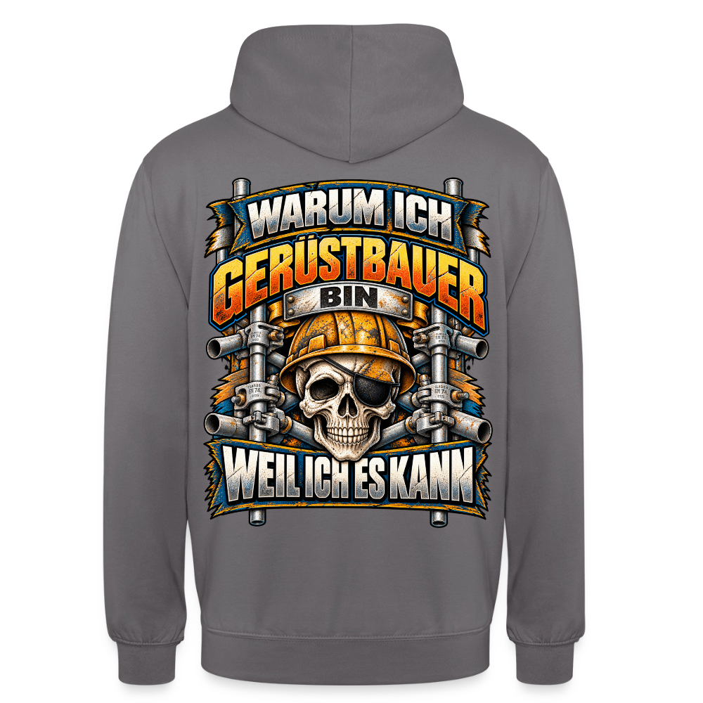 Warum ich Gerüstbauer bin – Gerüstbauer Hoodie in Mittelgrau, Rückendruck: Totenkopf mit Augenklappe und Helm zwischen Gerüstrohren, Spruch „Warum ich Gerüstbauer bin – weil ich es kann“