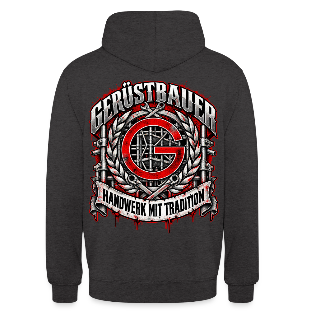 Gerüstbauer Zunftzeichen – Gerüstbauer Hoodie in Anthrazit, Rückendruck: rotes G-Zunftzeichen mit Gerüst, Lorbeerkranz, Ratschen und Banner „Handwerk mit Tradition“