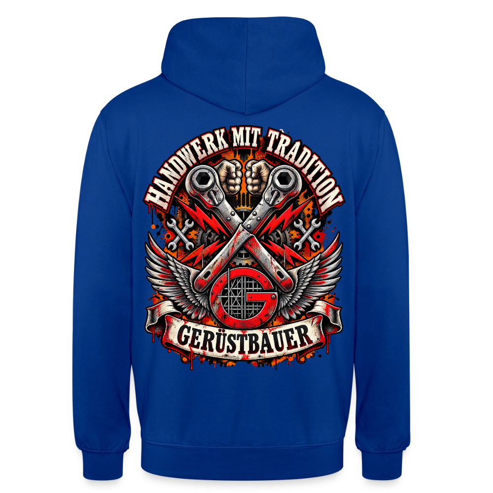 Gerüstbauer Handwerk mit Tradition – Gerüstbauer Hoodie in Royalblau, Rückendruck: gekreuzte Ratschen mit Flügeln über rotem G-Zunftzeichen, Schriftzug „Handwerk mit Tradition“ und Banner „Gerüstbauer“