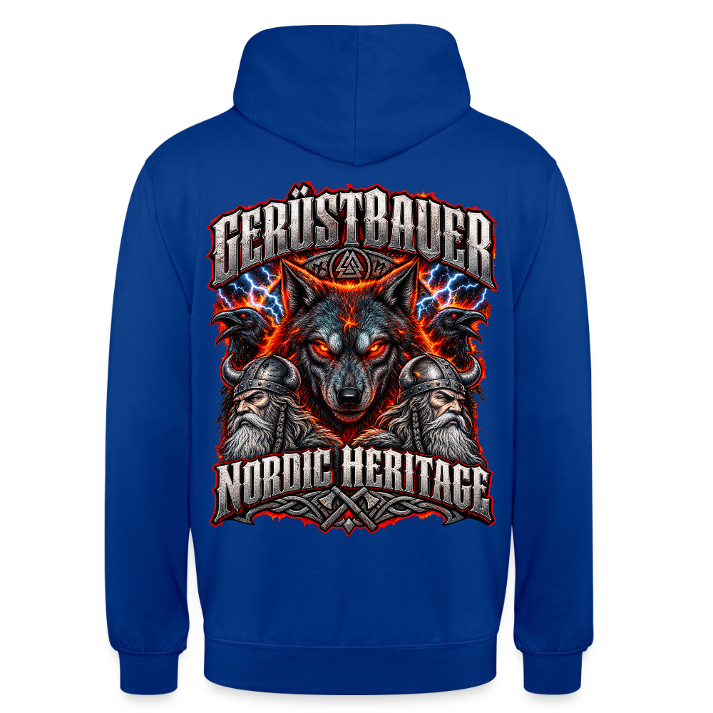 Gerüstbauer Nordic Heritage – Gerüstbauer Hoodie in Royalblau, Rückendruck: Wolf vor Flammen und Blitzen, zwei Raben, Wikinger und Schriftzug „Nordic Heritage“