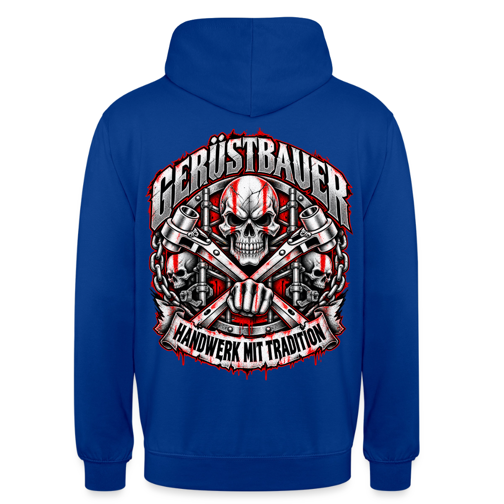 Gerüstbauer Schädel – Gerüstbauer Hoodie in Royalblau, Rückendruck: Totenkopf über gekreuzten Ratschen, Faust, Ketten und Banner „Handwerk mit Tradition“