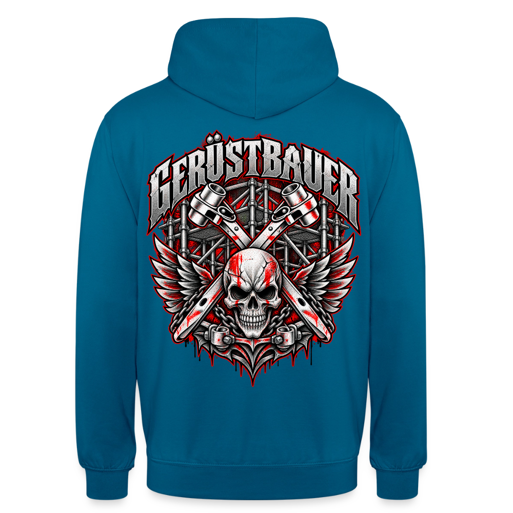 Gerüstbauer Ratsche Schädel – Gerüstbauer Hoodie in Tiefseeblau, Rückendruck: geflügelter Totenkopf vor gekreuzten Ratschen und Gerüst, Schriftzug „Gerüstbauer“