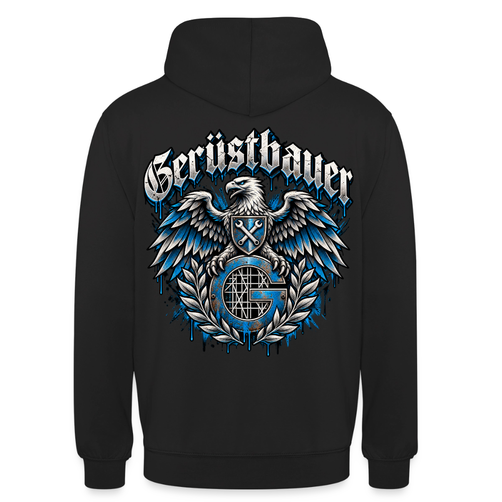Gerüstbauer Adler Zunftwappen – Gerüstbauer Hoodie in Schwarz, Rückendruck: Adler mit Wappenschild über blauem G-Zunftzeichen und Lorbeerkranz, Frakturschrift „Gerüstbauer“