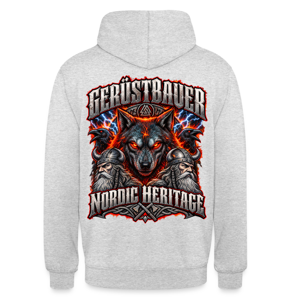 Gerüstbauer Nordic Heritage – Gerüstbauer Hoodie in Hellgrau meliert, Rückendruck: Wolf vor Flammen und Blitzen, zwei Raben, Wikinger und Schriftzug „Nordic Heritage“
