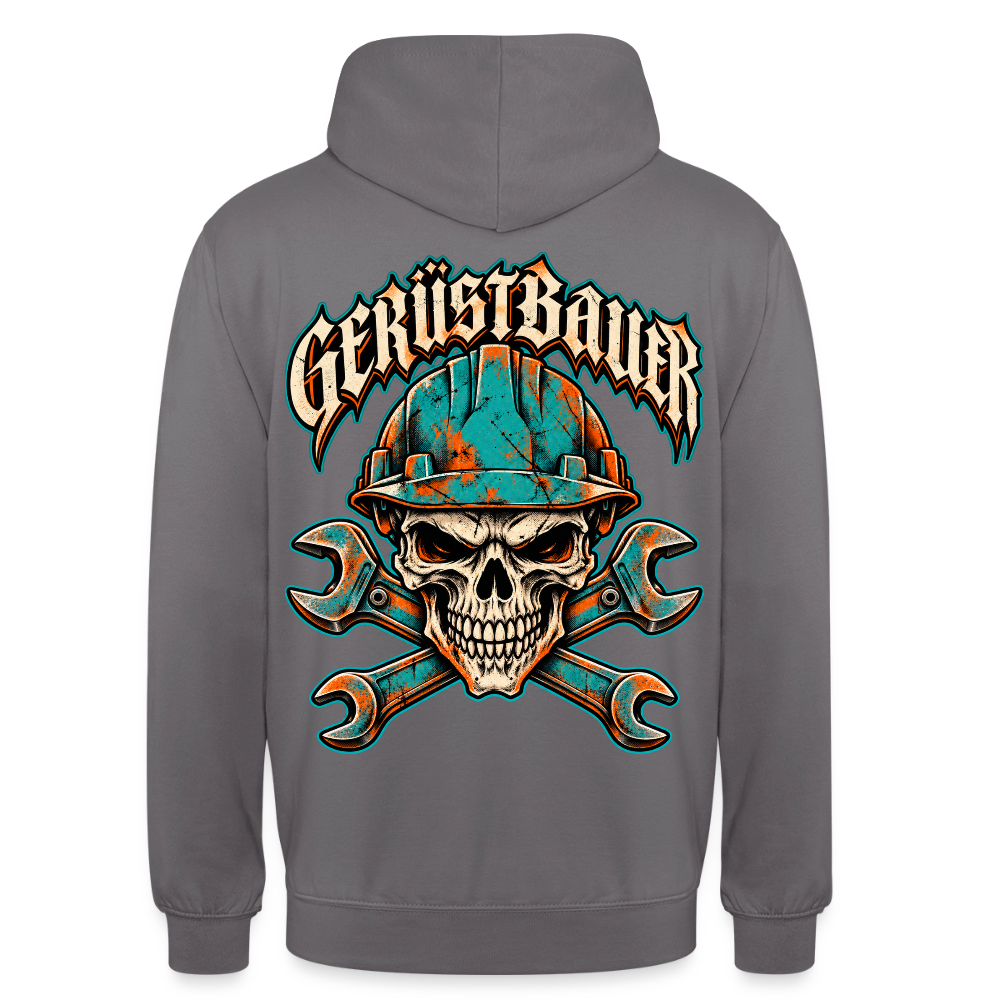 Gerüstbauer Skull – Gerüstbauer Hoodie in Mittelgrau, Rückendruck: Totenkopf mit türkisem Schutzhelm über gekreuzten Maulschlüsseln, Frakturschrift „Gerüstbauer“
