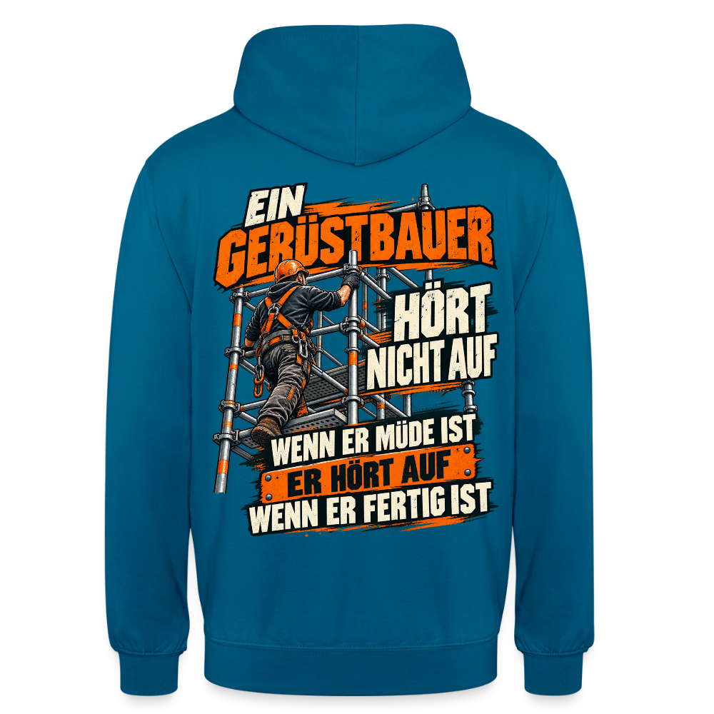Ein Gerüstbauer hört nicht auf – Gerüstbauer Hoodie in Tiefseeblau, Rückendruck: Gerüstbauer klettert das Gerüst hoch, Spruch „Ein Gerüstbauer hört nicht auf, wenn er müde ist – er hört auf, wenn er fertig ist“