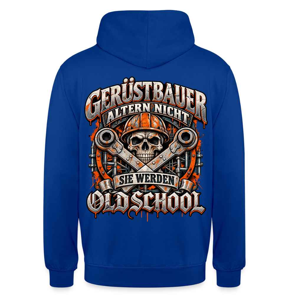 Gerüstbauer altern nicht – Gerüstbauer Hoodie in Royalblau, Rückendruck: Totenkopf mit Helm vor gekreuzten Ratschen, Spruch „Gerüstbauer altern nicht – sie werden Oldschool“