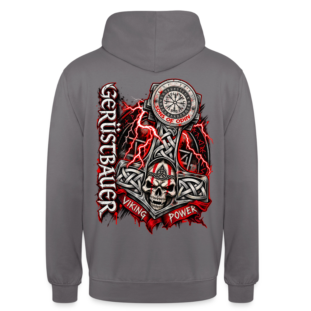 Gerüstbau Viking – Gerüstbauer Hoodie in Mittelgrau, Rückendruck: Thors Hammer mit Totenkopf, Blitzen und Schriftzug „Viking Power“