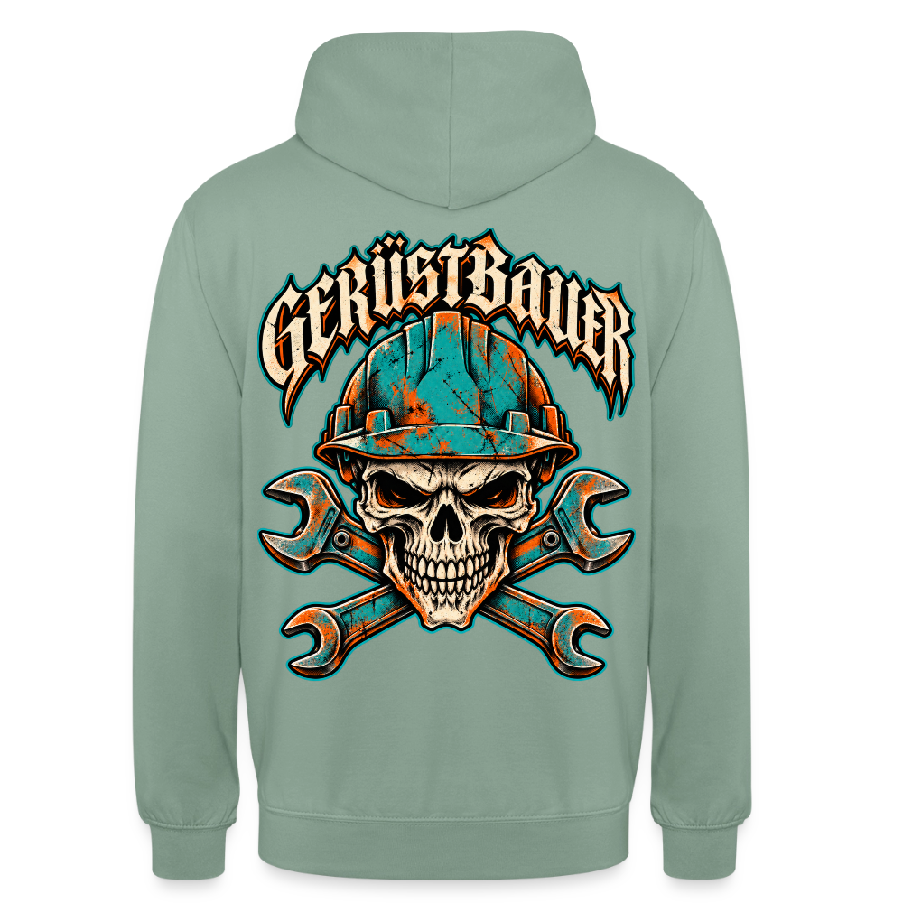Gerüstbauer Skull – Gerüstbauer Hoodie in Graugrün, Rückendruck: Totenkopf mit türkisem Schutzhelm über gekreuzten Maulschlüsseln, Frakturschrift „Gerüstbauer“