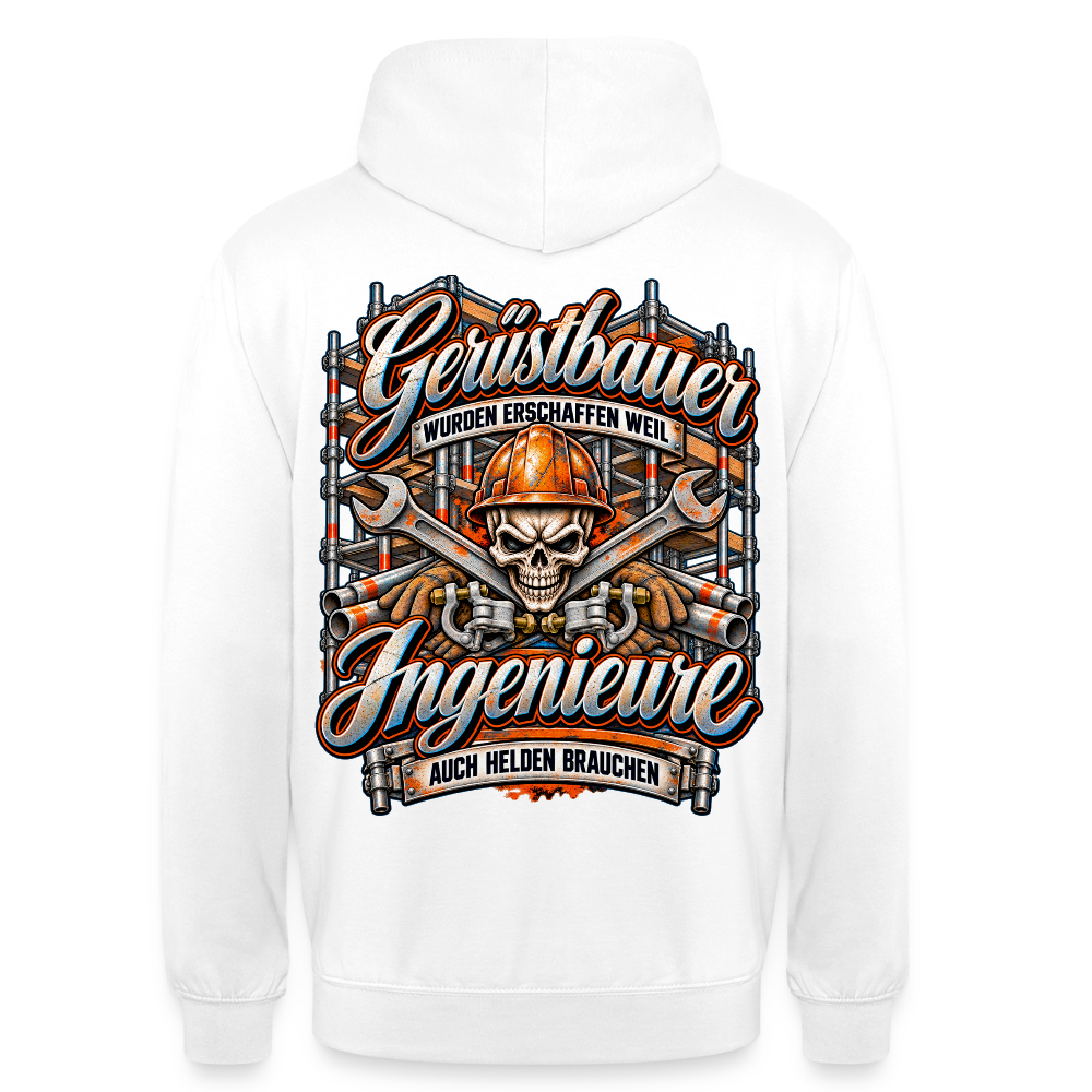 Gerüstbauer und Ingenieure – Gerüstbauer Hoodie in Weiß, Rückendruck: Totenkopf mit Helm vor gekreuzten Schlüsseln, Spruch „Gerüstbauer wurden erschaffen, weil Ingenieure auch Helden brauchen“