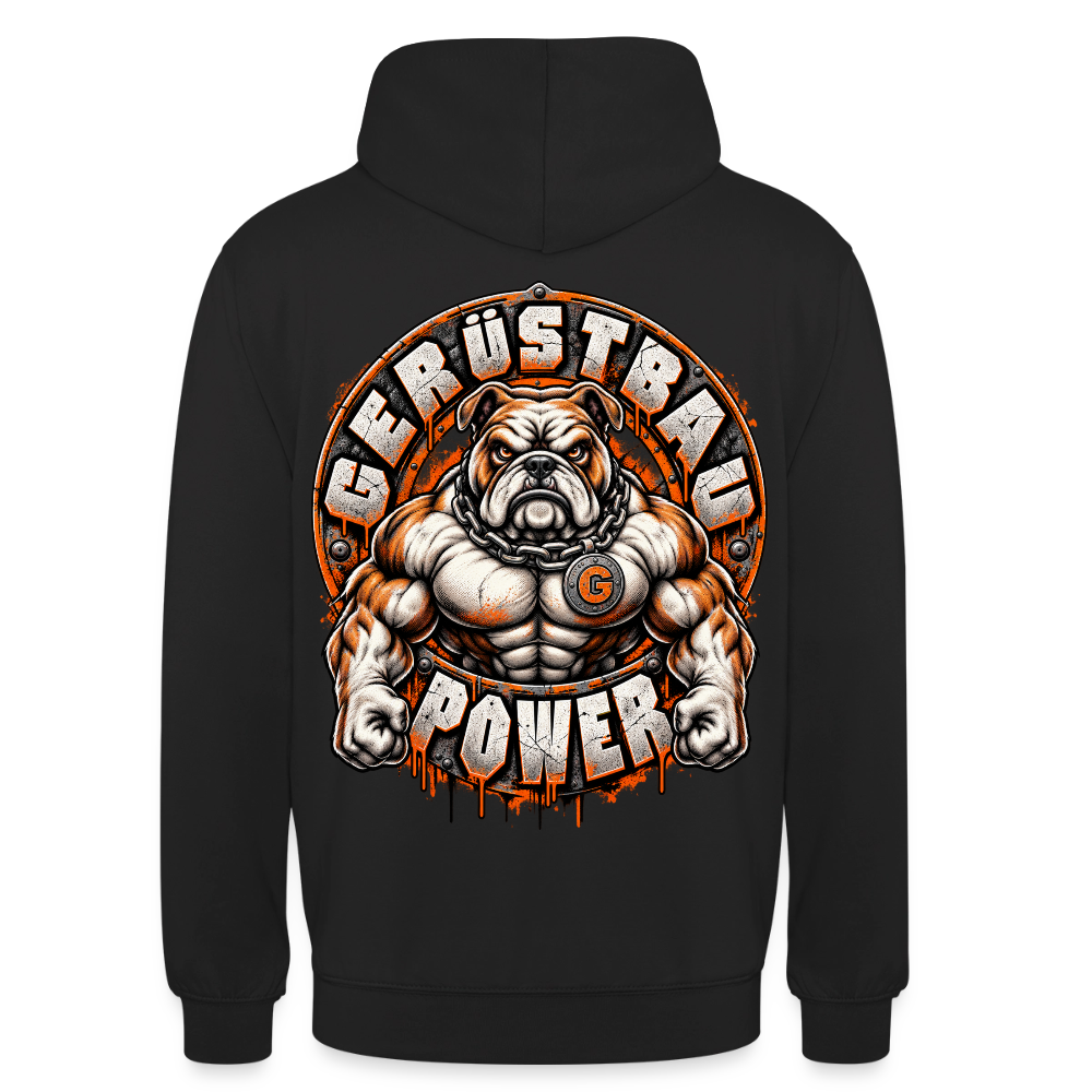 Gerüstbau Power – Gerüstbauer Hoodie in Schwarz, Rückendruck: muskulöse Bulldogge mit Kette und G-Medaillon, Schriftzug „Gerüstbau Power“