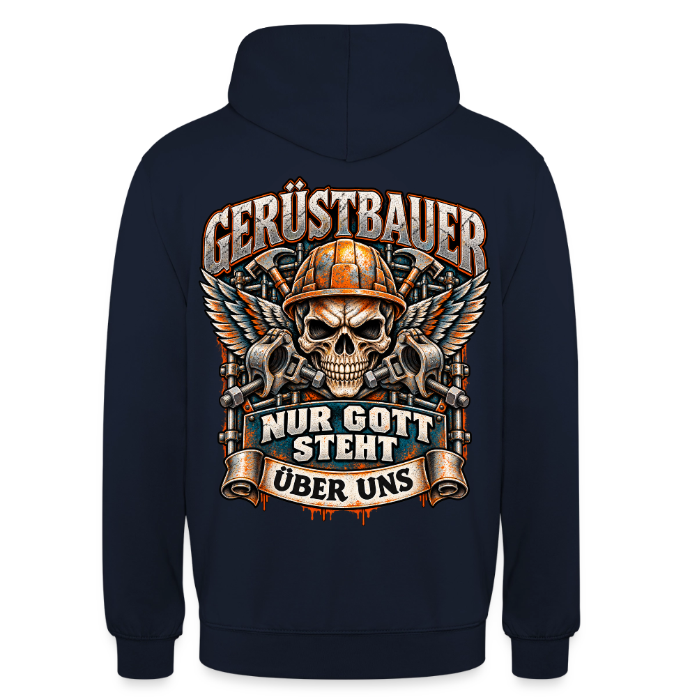 Gerüstbauer Nur Gott steht über uns – Gerüstbauer Hoodie in Navy, Rückendruck: geflügelter Totenkopf mit Helm über gekreuzten Ratschen, Banner „Nur Gott steht über uns“