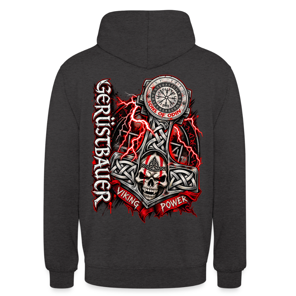 Gerüstbau Viking – Gerüstbauer Hoodie in Anthrazit, Rückendruck: Thors Hammer mit Totenkopf, Blitzen und Schriftzug „Viking Power“