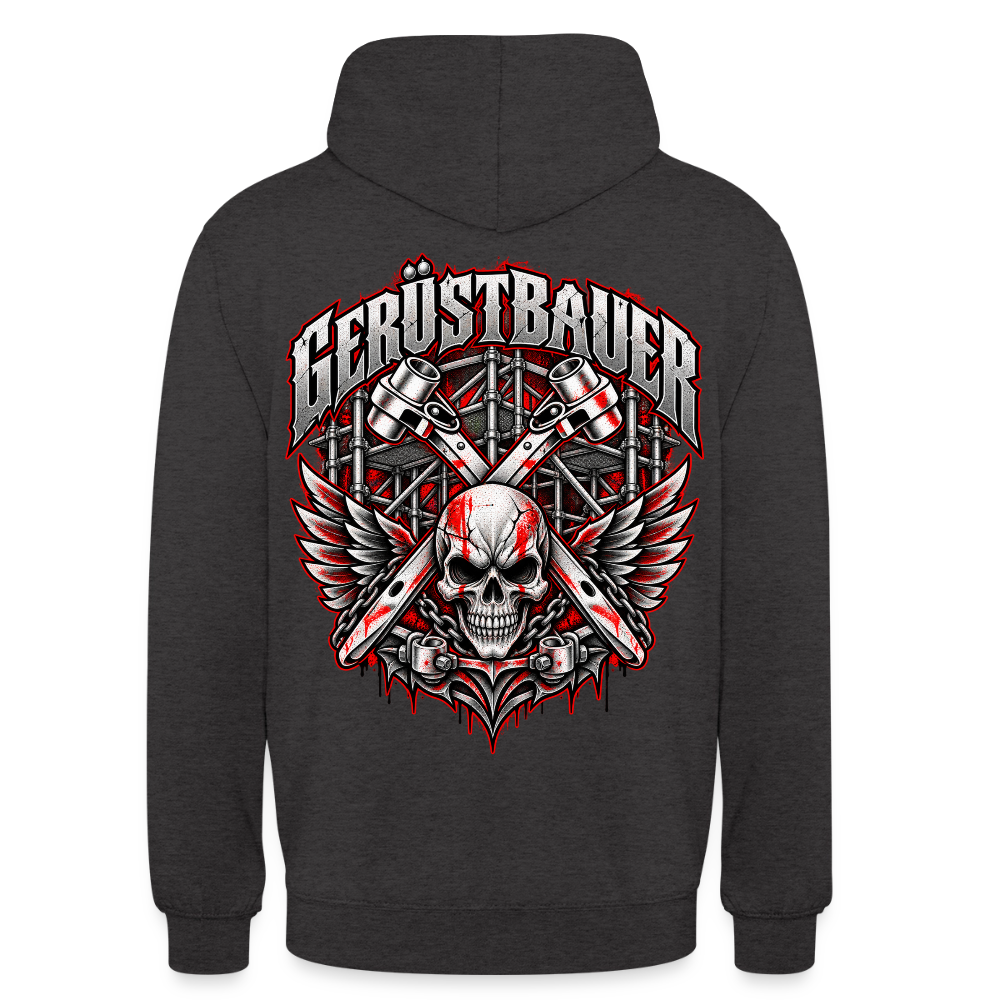 Gerüstbauer Ratsche Schädel – Gerüstbauer Hoodie in Anthrazit, Rückendruck: geflügelter Totenkopf vor gekreuzten Ratschen und Gerüst, Schriftzug „Gerüstbauer“