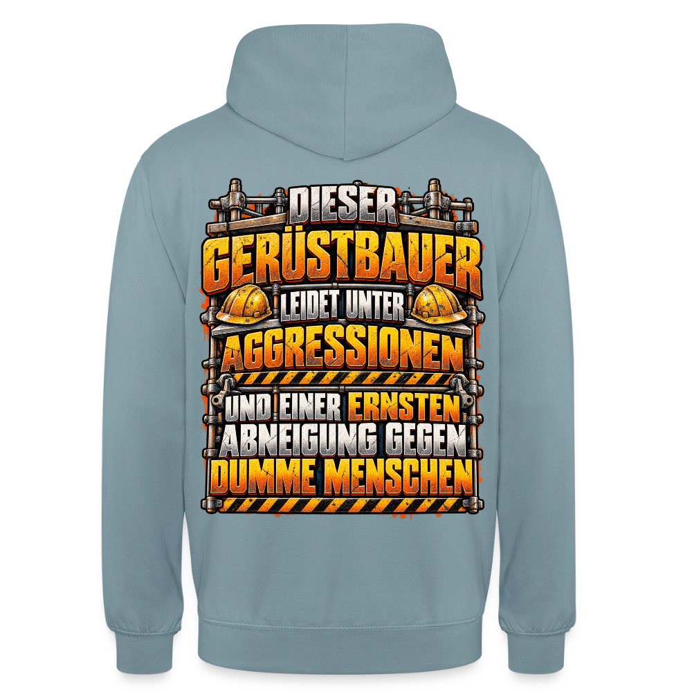 Dieser Gerüstbauer – Gerüstbauer Hoodie in Nebelblau, Rückendruck: Spruch „Dieser Gerüstbauer leidet unter Aggressionen und einer ernsten Abneigung gegen dumme Menschen“ mit Helmen und Warnstreifen