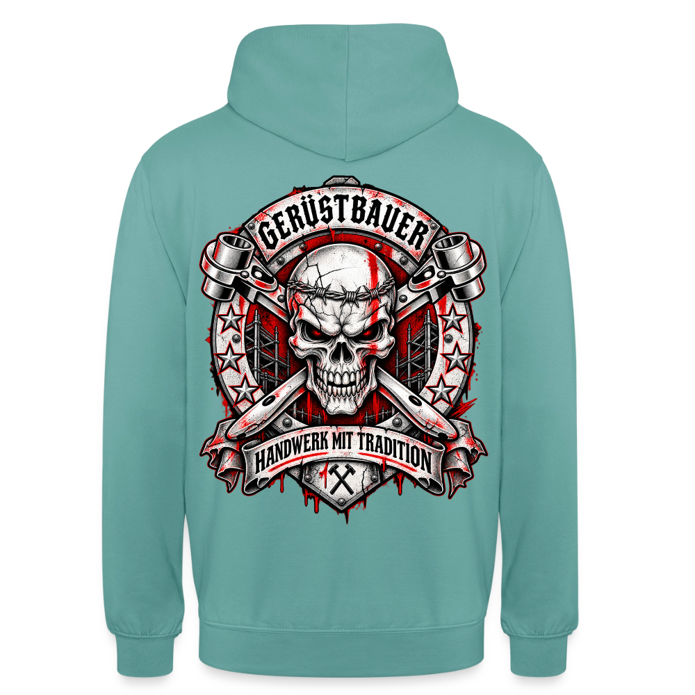 Gerüstbauer Traditions – Gerüstbauer Hoodie in Pastelltürkis, Rückendruck: Totenkopf-Wappen mit gekreuzten Ratschen, Sternen und Banner „Handwerk mit Tradition“