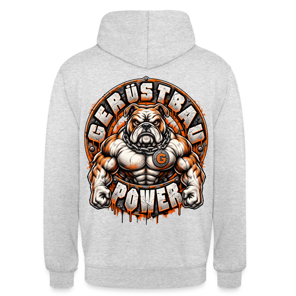 Gerüstbau Power – Gerüstbauer Hoodie in Hellgrau meliert, Rückendruck: muskulöse Bulldogge mit Kette und G-Medaillon, Schriftzug „Gerüstbau Power“