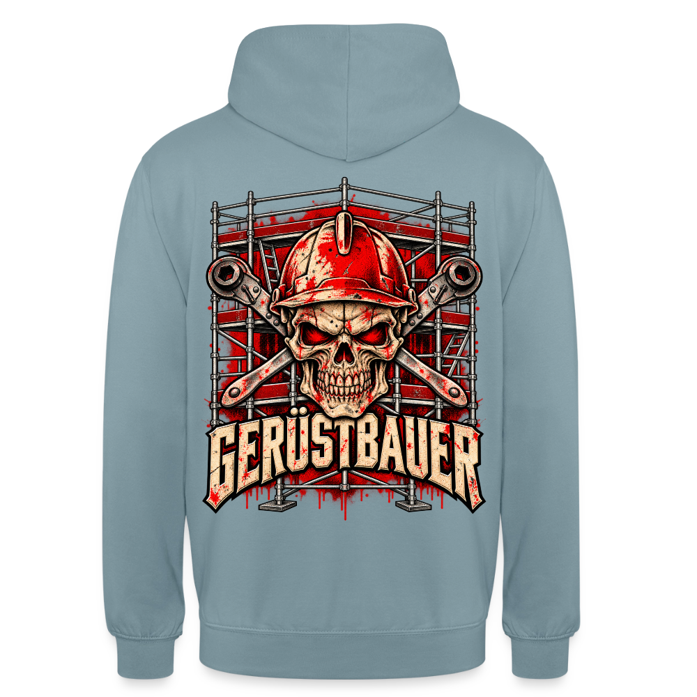 Gerüstbauer – Gerüstbauer Hoodie in Nebelblau, Rückendruck: Totenkopf mit rotem Schutzhelm vor gekreuzten Ringschlüsseln und Gerüst, Schriftzug „Gerüstbauer“