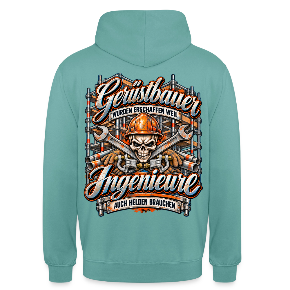 Gerüstbauer und Ingenieure – Gerüstbauer Hoodie in Pastelltürkis, Rückendruck: Totenkopf mit Helm vor gekreuzten Schlüsseln, Spruch „Gerüstbauer wurden erschaffen, weil Ingenieure auch Helden brauchen“
