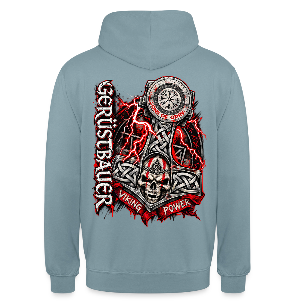 Gerüstbau Viking – Gerüstbauer Hoodie in Nebelblau, Rückendruck: Thors Hammer mit Totenkopf, Blitzen und Schriftzug „Viking Power“