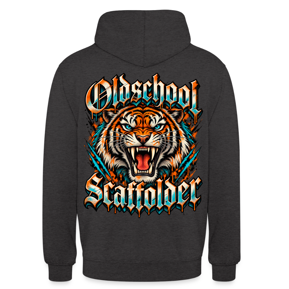 Oldschool Scaffolder – Gerüstbauer Hoodie in Anthrazit, Rückendruck: brüllender Tiger, Frakturschrift „Oldschool Scaffolder“