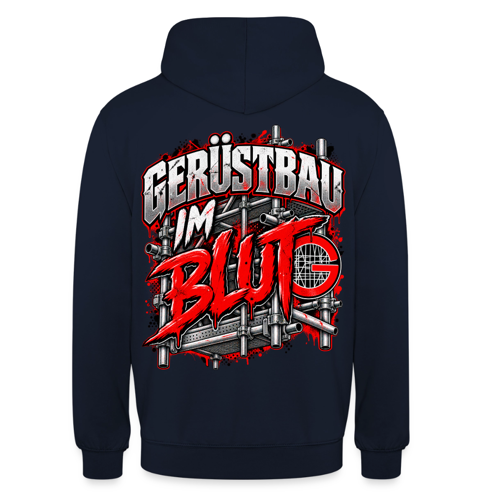 Gerüstbau im Blut – Gerüstbauer Hoodie in Navy, Rückendruck: Schriftzug „Gerüstbau im Blut“ vor Gerüst mit rotem G-Zunftzeichen