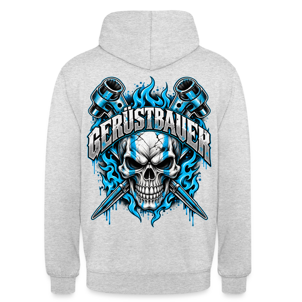 Gerüstbauer Ratsche Flamme – Gerüstbauer Hoodie in Hellgrau meliert, Rückendruck: Totenkopf mit gekreuzten Ratschen in blauen Flammen, Schriftzug „Gerüstbauer“