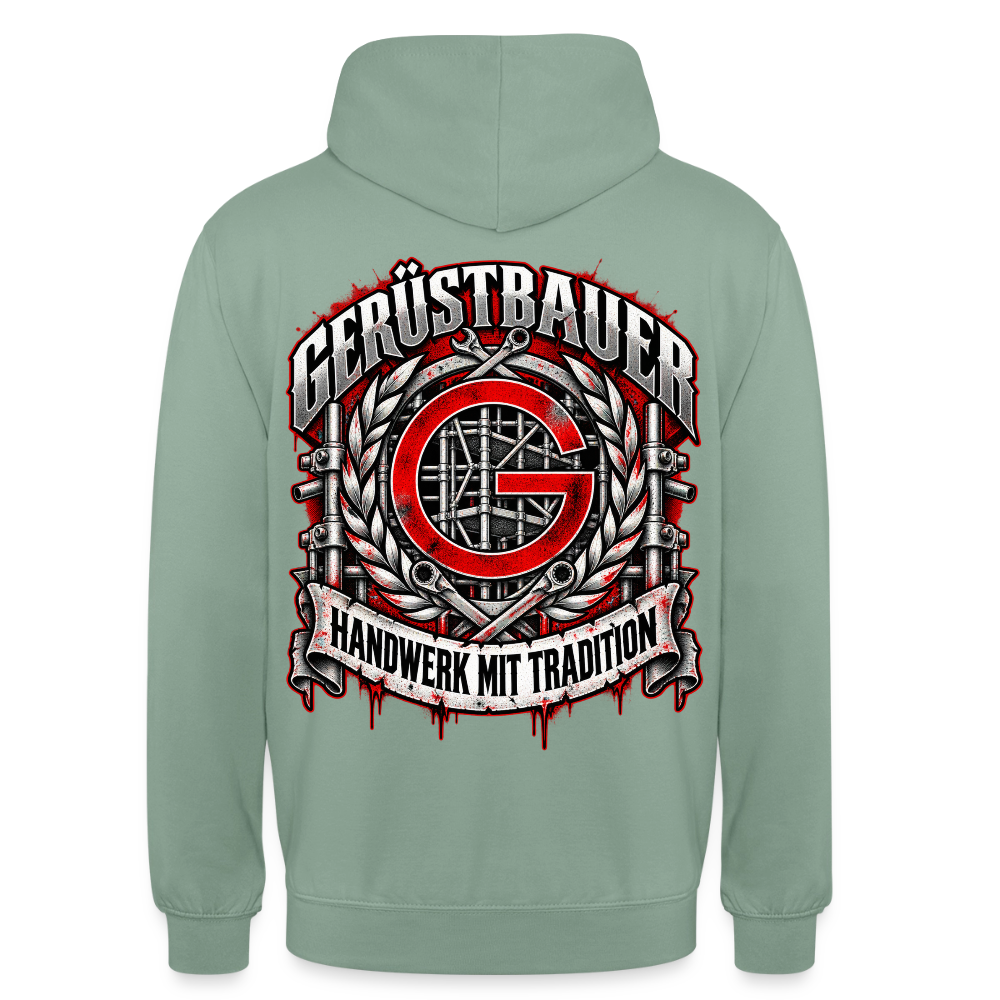 Gerüstbauer Zunftzeichen – Gerüstbauer Hoodie in Graugrün, Rückendruck: rotes G-Zunftzeichen mit Gerüst, Lorbeerkranz, Ratschen und Banner „Handwerk mit Tradition“