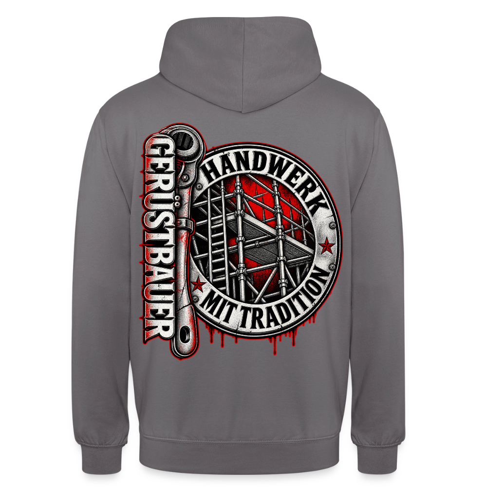 Gerüstbauer Ratsche Badge – Gerüstbauer Hoodie in Mittelgrau, Rückendruck: rundes Gerüst-Abzeichen „Handwerk mit Tradition“ und große Ratsche mit Schriftzug „Gerüstbauer“