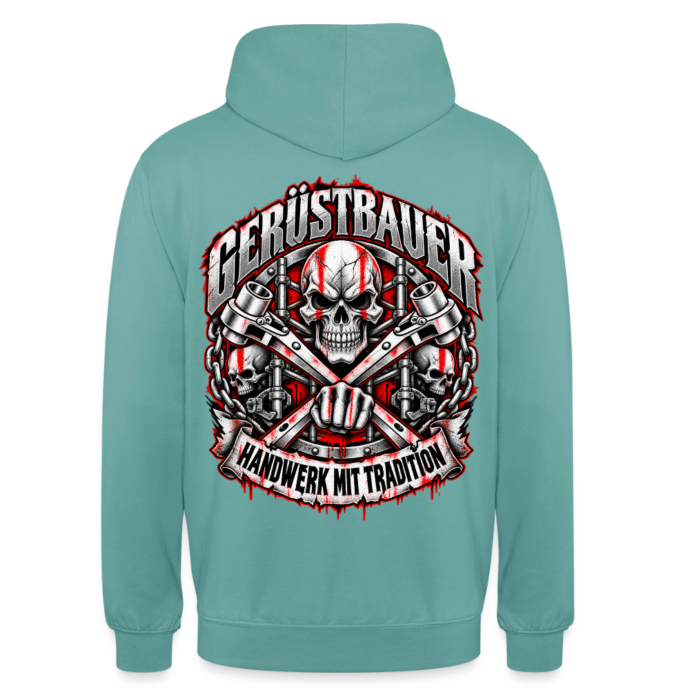 Gerüstbauer Schädel – Gerüstbauer Hoodie in Pastelltürkis, Rückendruck: Totenkopf über gekreuzten Ratschen, Faust, Ketten und Banner „Handwerk mit Tradition“