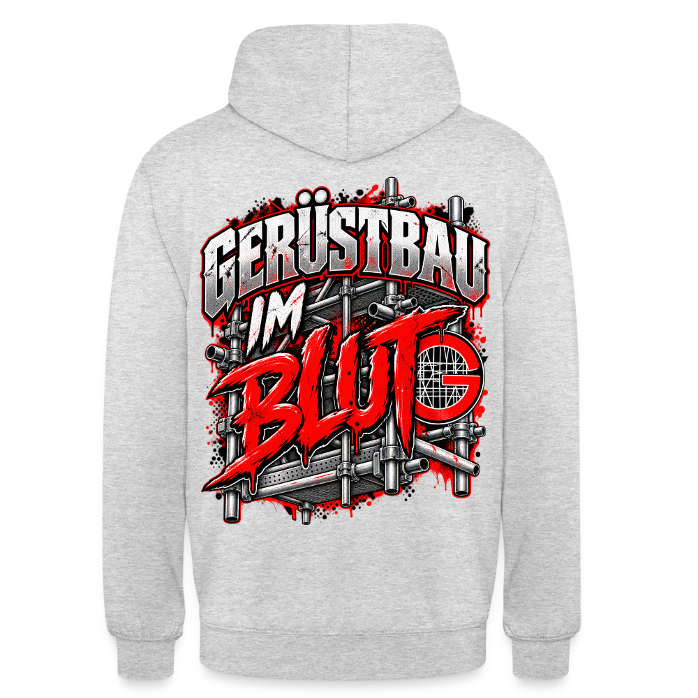 Gerüstbau im Blut – Gerüstbauer Hoodie in Hellgrau meliert, Rückendruck: Schriftzug „Gerüstbau im Blut“ vor Gerüst mit rotem G-Zunftzeichen