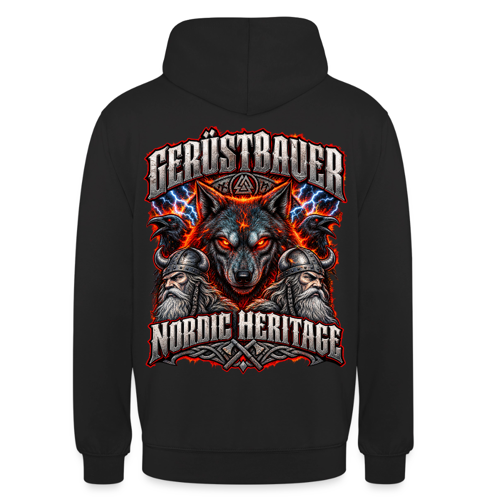 Gerüstbauer Nordic Heritage – Gerüstbauer Hoodie in Schwarz, Rückendruck: Wolf vor Flammen und Blitzen, zwei Raben, Wikinger und Schriftzug „Nordic Heritage“