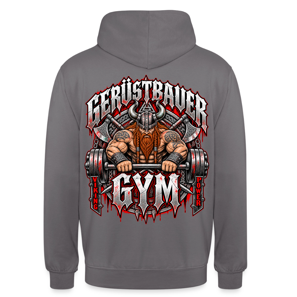 Gerüstbauer GYM – Gerüstbauer Hoodie in Mittelgrau, Rückendruck: muskulöser Wikinger beim Hantelheben, Schriftzug „Gerüstbauer GYM – Viking Power“