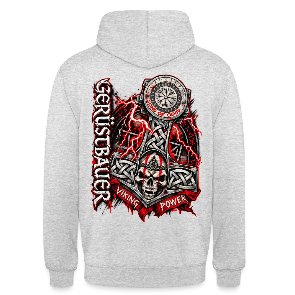 Gerüstbau Viking – Gerüstbauer Hoodie in Hellgrau meliert, Rückendruck: Thors Hammer mit Totenkopf, Blitzen und Schriftzug „Viking Power“