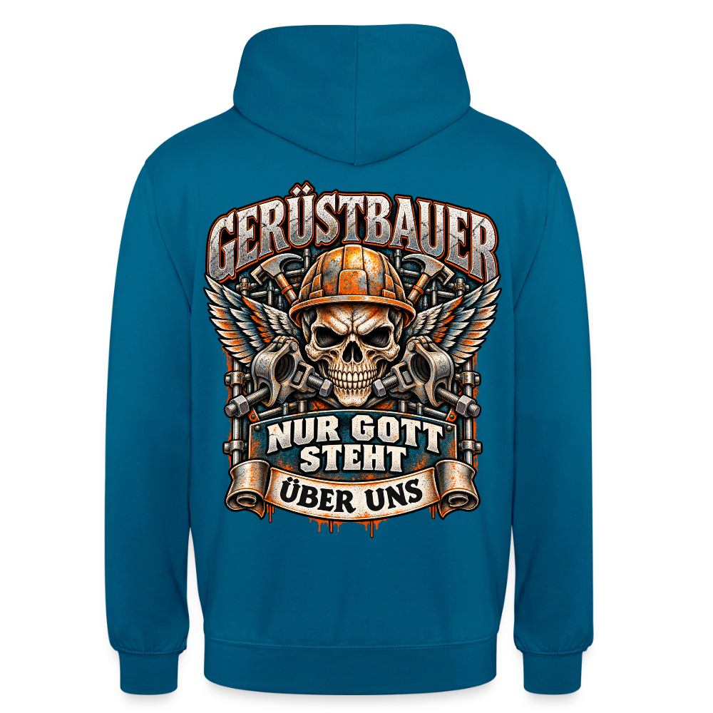 Gerüstbauer Nur Gott steht über uns – Gerüstbauer Hoodie in Tiefseeblau, Rückendruck: geflügelter Totenkopf mit Helm über gekreuzten Ratschen, Banner „Nur Gott steht über uns“