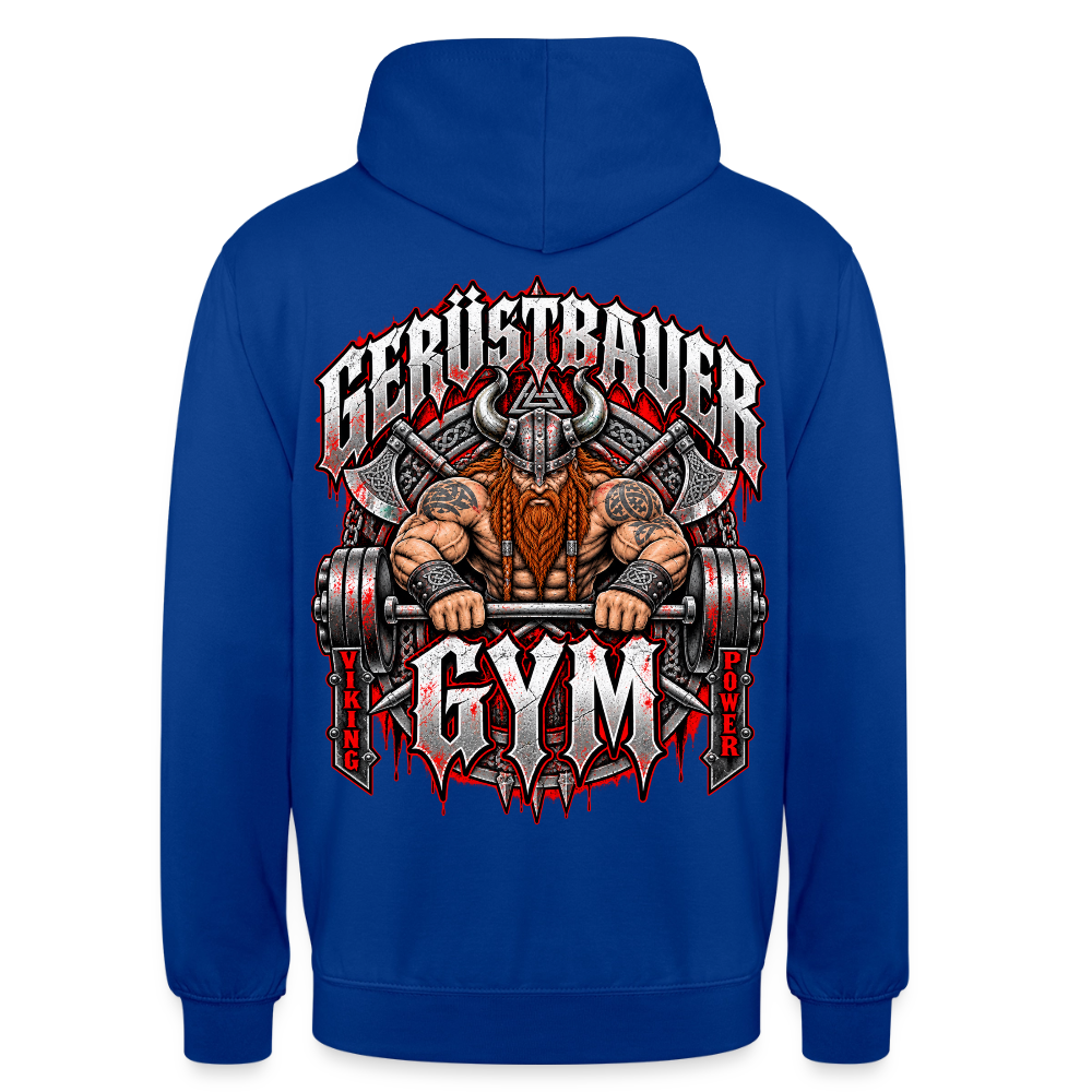 Gerüstbauer GYM – Gerüstbauer Hoodie in Royalblau, Rückendruck: muskulöser Wikinger beim Hantelheben, Schriftzug „Gerüstbauer GYM – Viking Power“