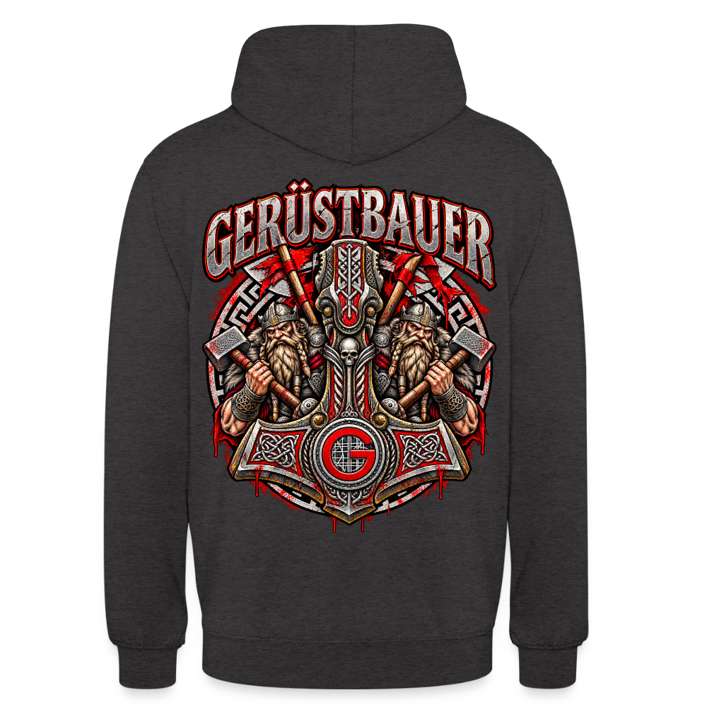 Gerüstbauer Thors Hammer – Gerüstbauer Hoodie in Anthrazit, Rückendruck: Thors Hammer mit G-Zunftzeichen und zwei Wikingern, Schriftzug „Gerüstbauer“