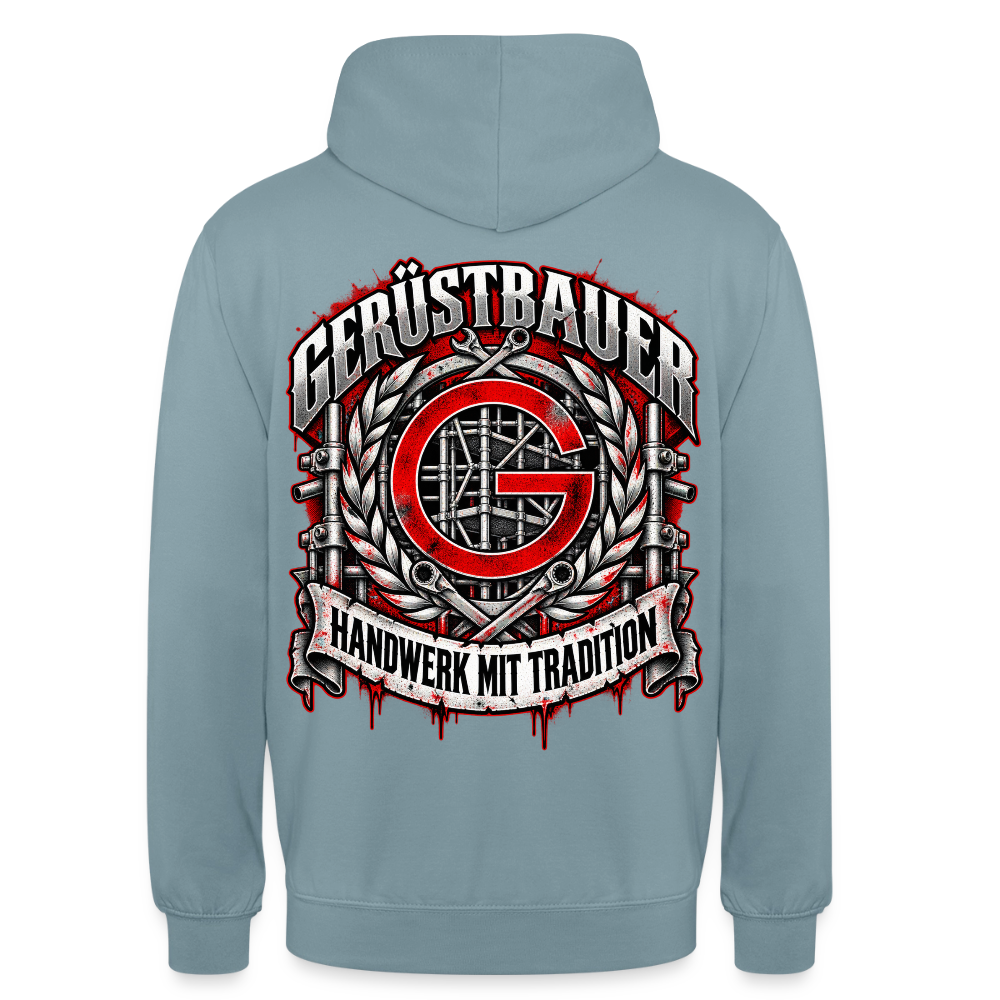 Gerüstbauer Zunftzeichen – Gerüstbauer Hoodie in Nebelblau, Rückendruck: rotes G-Zunftzeichen mit Gerüst, Lorbeerkranz, Ratschen und Banner „Handwerk mit Tradition“