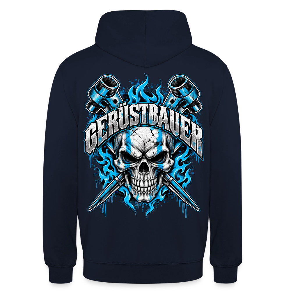 Gerüstbauer Ratsche Flamme – Gerüstbauer Hoodie in Navy, Rückendruck: Totenkopf mit gekreuzten Ratschen in blauen Flammen, Schriftzug „Gerüstbauer“