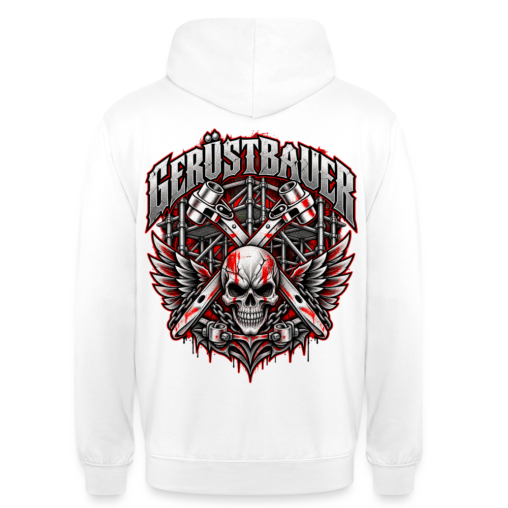 Gerüstbauer Ratsche Schädel – Gerüstbauer Hoodie in Weiß, Rückendruck: geflügelter Totenkopf vor gekreuzten Ratschen und Gerüst, Schriftzug „Gerüstbauer“