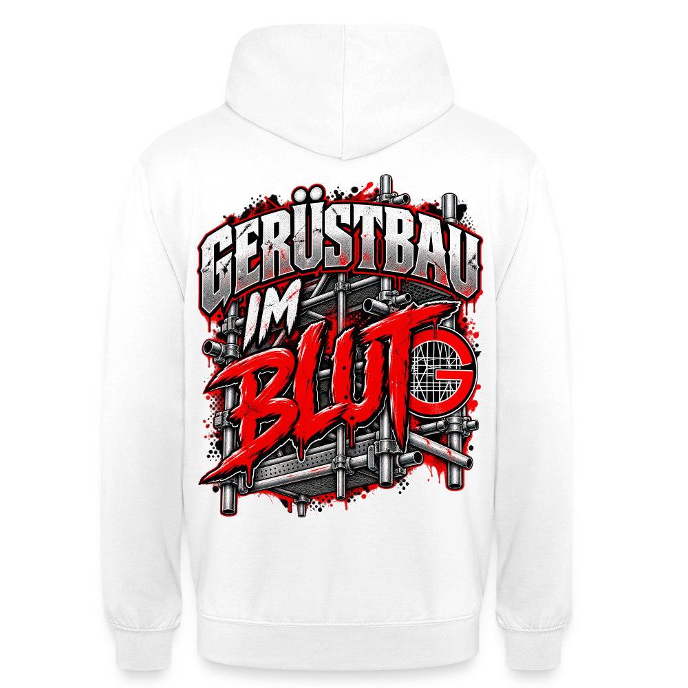 Gerüstbau im Blut – Gerüstbauer Hoodie in Weiß, Rückendruck: Schriftzug „Gerüstbau im Blut“ vor Gerüst mit rotem G-Zunftzeichen