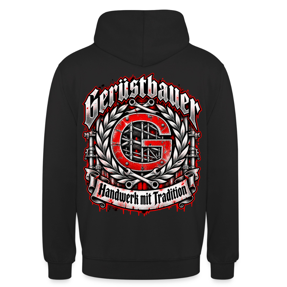 Gerüstbauer Zunft Wappen – Gerüstbauer Hoodie in Schwarz, Rückendruck: rotes G-Zunftwappen mit Gerüst im Lorbeerkranz, Frakturschrift „Gerüstbauer“, Banner „Handwerk mit Tradition“