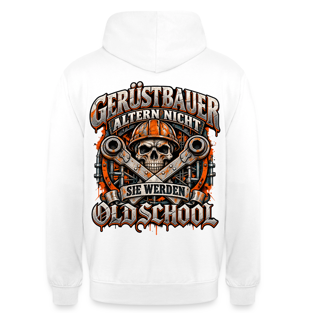 Gerüstbauer altern nicht – Gerüstbauer Hoodie in Weiß, Rückendruck: Totenkopf mit Helm vor gekreuzten Ratschen, Spruch „Gerüstbauer altern nicht – sie werden Oldschool“
