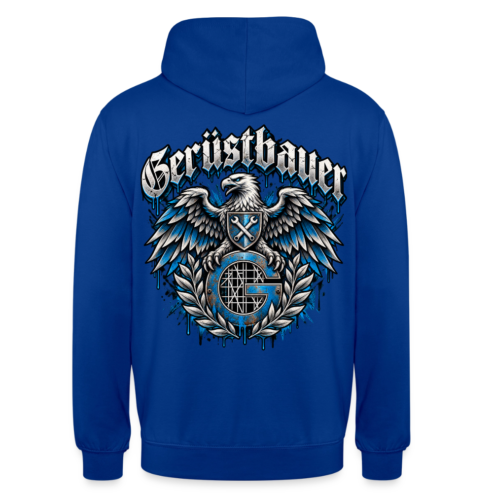 Gerüstbauer Adler Zunftwappen – Gerüstbauer Hoodie in Royalblau, Rückendruck: Adler mit Wappenschild über blauem G-Zunftzeichen und Lorbeerkranz, Frakturschrift „Gerüstbauer“