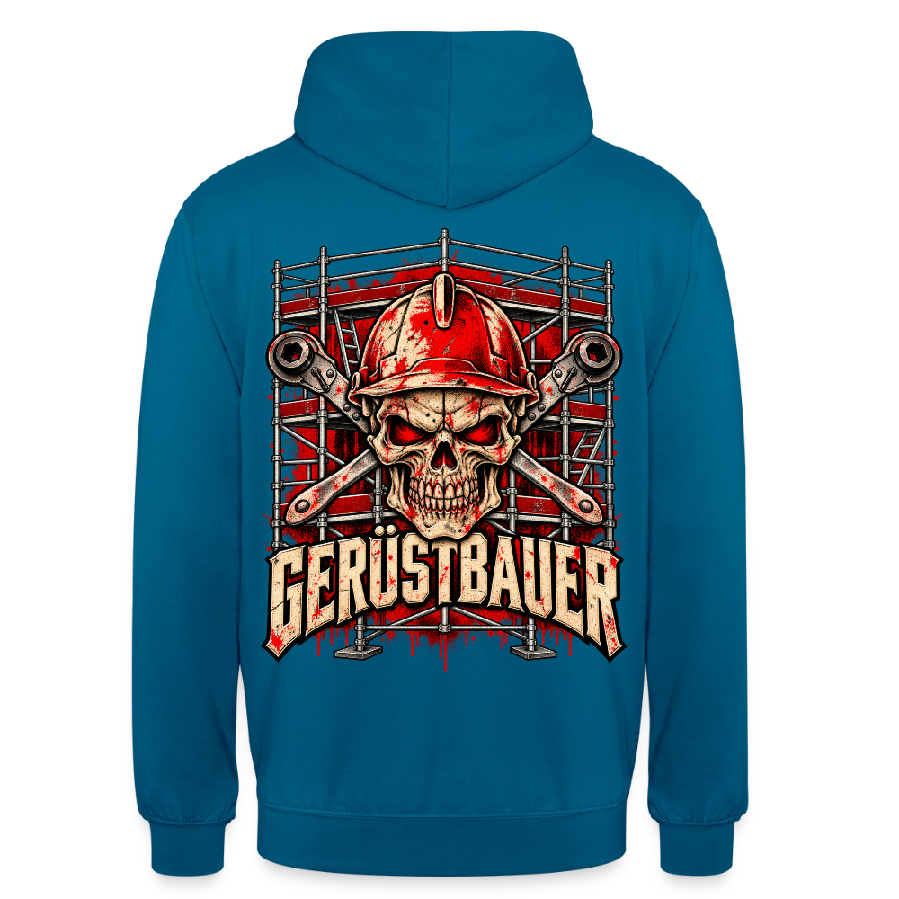 Gerüstbauer – Gerüstbauer Hoodie in Tiefseeblau, Rückendruck: Totenkopf mit rotem Schutzhelm vor gekreuzten Ringschlüsseln und Gerüst, Schriftzug „Gerüstbauer“