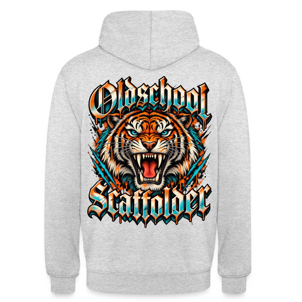 Oldschool Scaffolder – Gerüstbauer Hoodie in Hellgrau meliert, Rückendruck: brüllender Tiger, Frakturschrift „Oldschool Scaffolder“