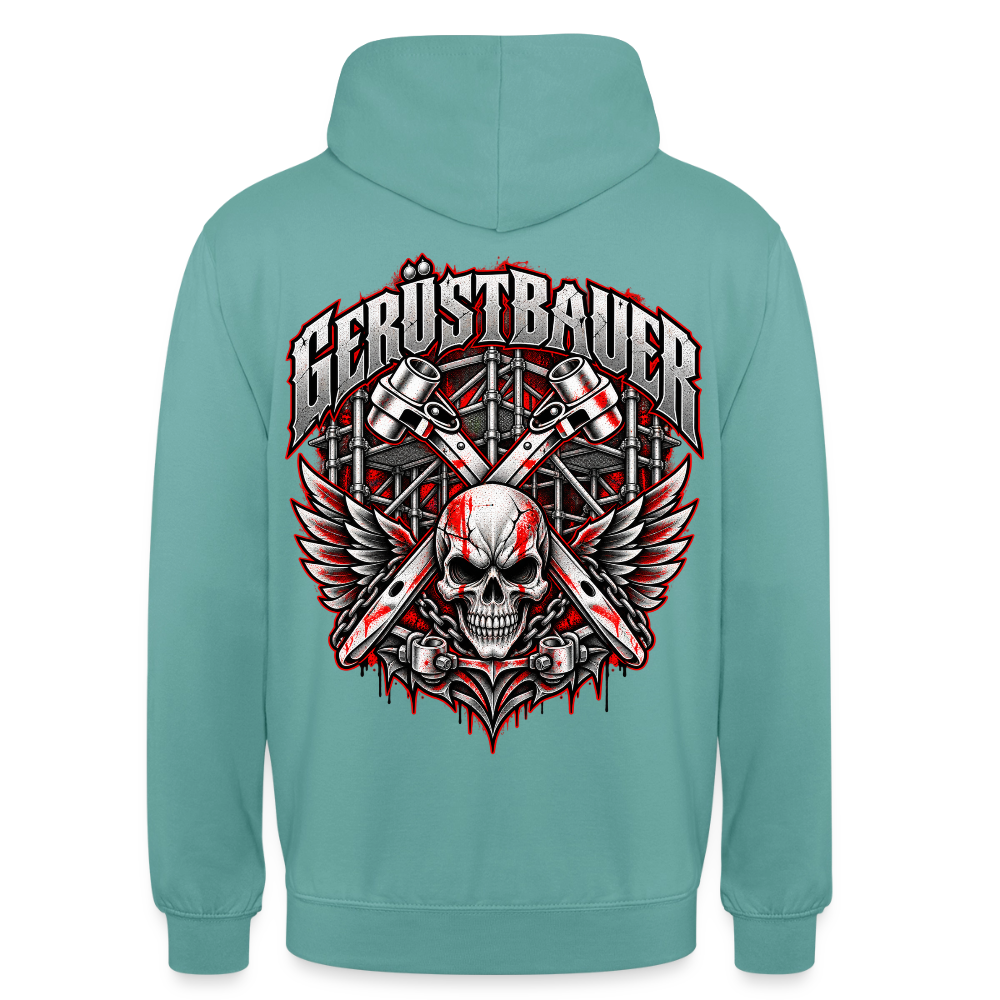 Gerüstbauer Ratsche Schädel – Gerüstbauer Hoodie in Pastelltürkis, Rückendruck: geflügelter Totenkopf vor gekreuzten Ratschen und Gerüst, Schriftzug „Gerüstbauer“