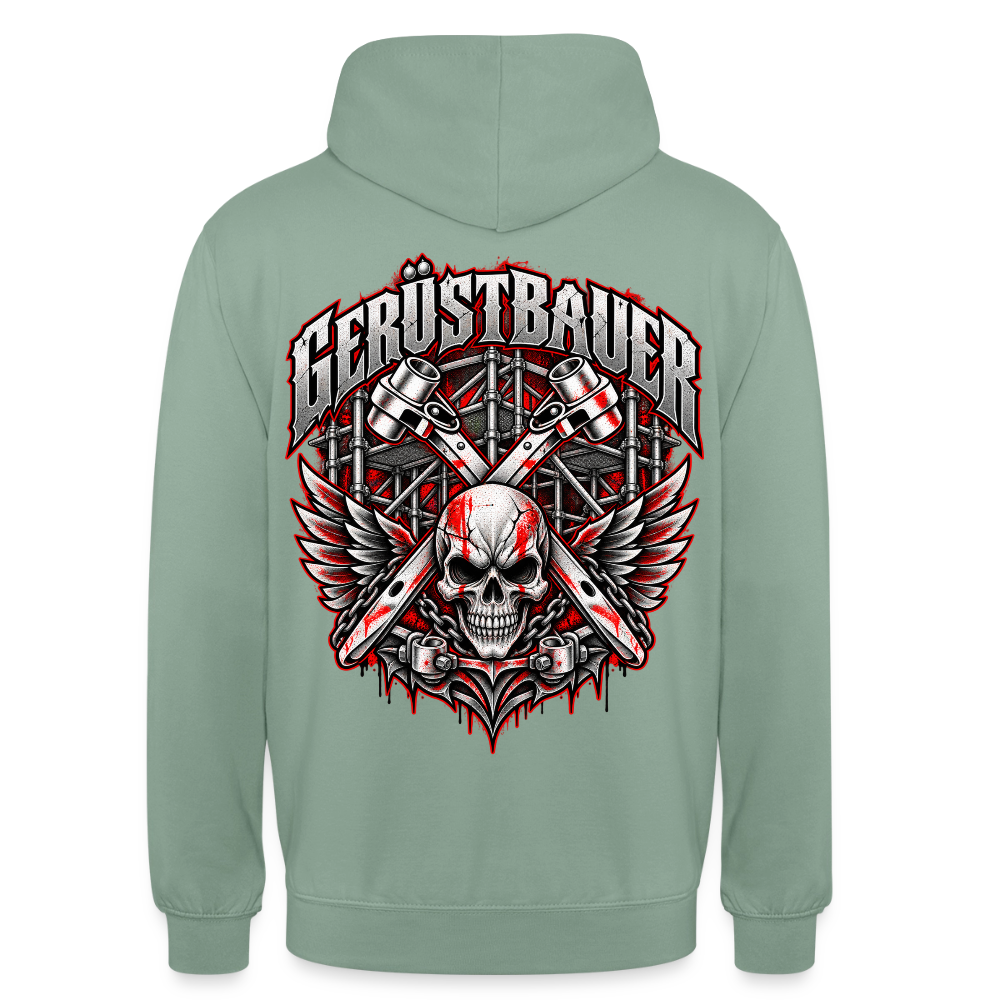 Gerüstbauer Ratsche Schädel – Gerüstbauer Hoodie in Graugrün, Rückendruck: geflügelter Totenkopf vor gekreuzten Ratschen und Gerüst, Schriftzug „Gerüstbauer“